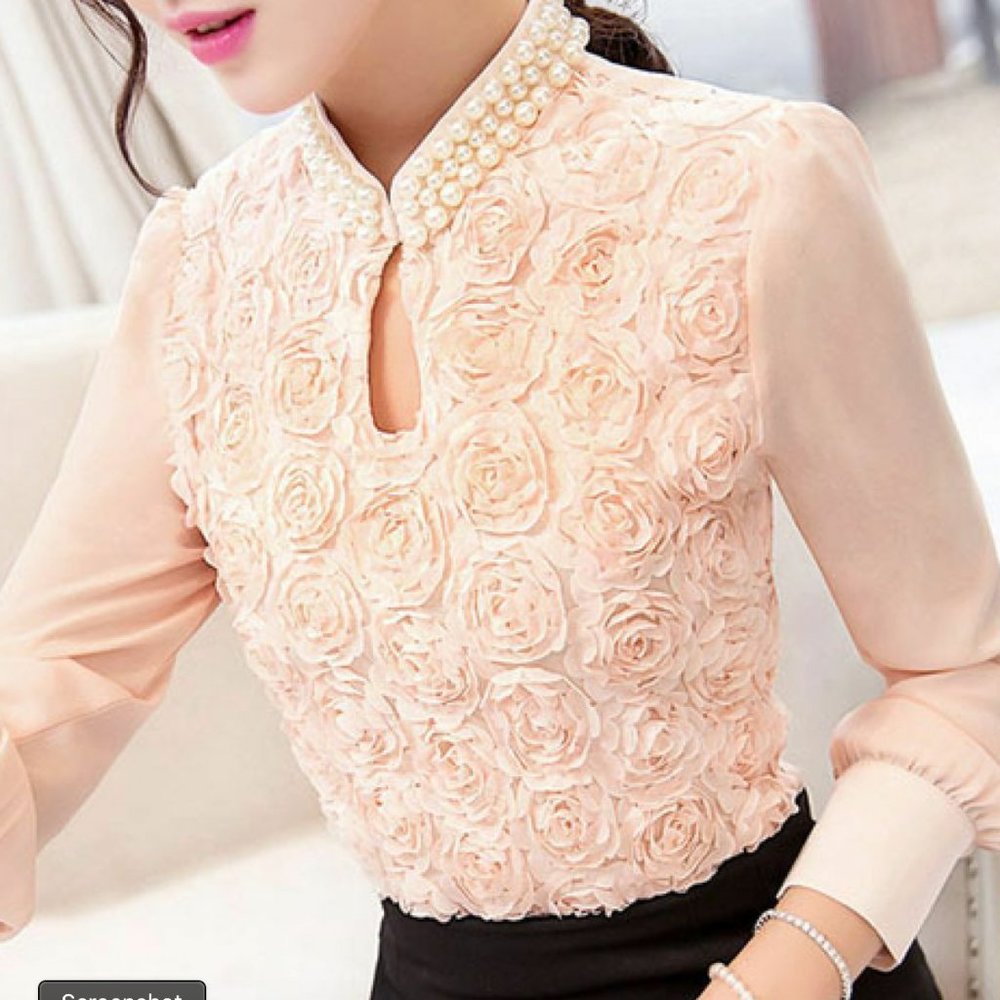 NWOT Pretty Peach Pink Blouse w/ Ruffled Flowers and Pearl Embellished Neck